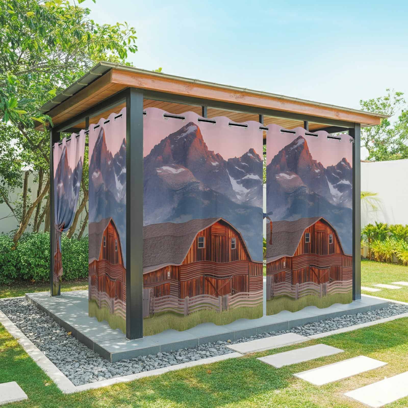 Nature Outdoor Curtains for Patio, Red Barn Rustic Mountain Farmhouse Scenery Sunshade Privacy Drapes Grommet Waterproof Outside Curtains for Porch/Cabana/Balcony 54"x 108", 1 Panel