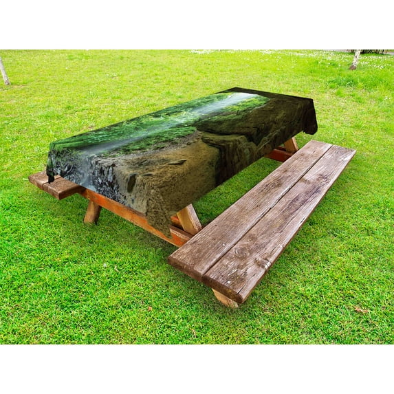 Nature Outdoor Tablecloth, Canyon Michigan Caves Memorial Falls in the Forest Eco Foliage Picture, Decorative Washable Fabric Picnic Tablecloth, 58 X 120 Inches, Army and Fern Green, by Ambesonne