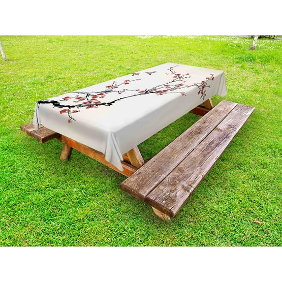Nature Outdoor Tablecloth, Cherry Branches Flowers Buds and Birds Asian Style Artwork with Painting Effect, Decorative Washable Fabric Picnic Tablecloth, 58 X 104 Inches, Black Burgundy, by Ambesonne