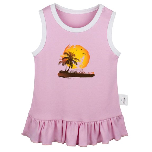 Nature Palm Tree Pattern Dresses For Baby, Newborn Babies Skirts, Infant Princess Dress, 0-24M Kids Graphic Clothes (Pink Sleeveless Dresses, 0-6 Months)