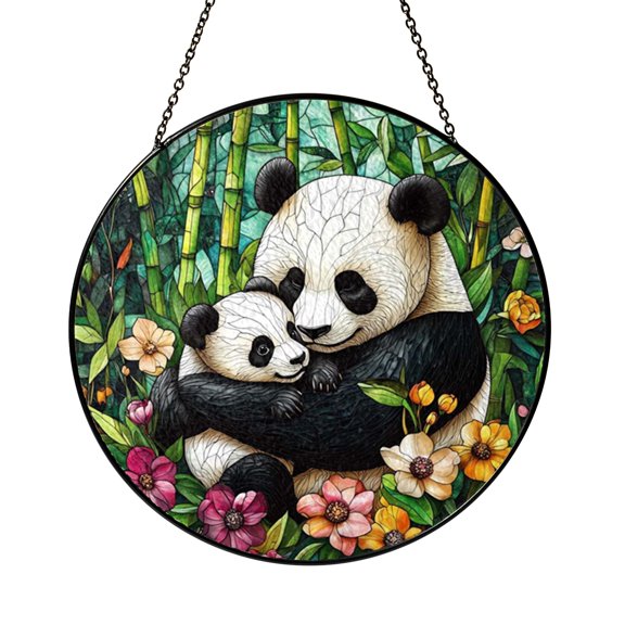 Nature Panda Scene Glass Panel, Stained Glass Style Circular Window Decor