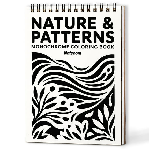 Nature & Patterns Monochrome Coloring Book Spiral Bound for Adults, A5 Wooden Cover, Relaxing One-Color Illustrations with Flowers, Waves and Mountain Scenes for Mindfulness, Stress Relief