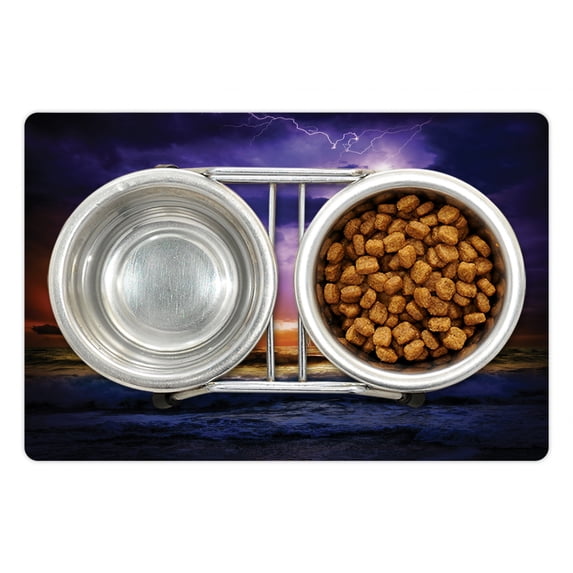 Nature Pet Mat for Food and Water, Epic Thunder and the Storm on the Sea Wave Horizon Bad Weather Atmosphere, Non-Slip Rubber Mat for Dogs and Cats, 18" X 12", by Ambesonne
