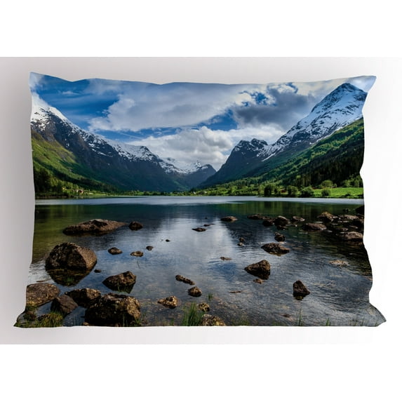 Nature Pillow Sham Mountains River and Open Sky Natural Beauties Norway Fjords Nordic Landscape, Decorative Standard Queen Size Printed Pillowcase, 30 X 20 Inches, White Green Brown, by Ambesonne