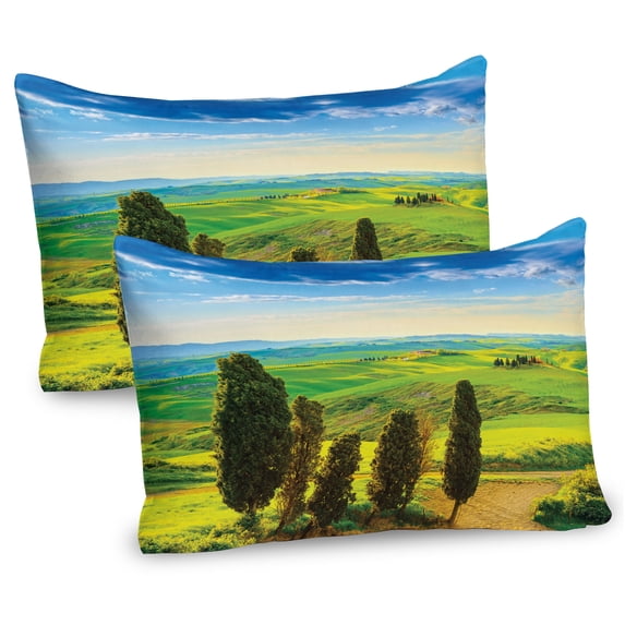 Nature Pillow Sham Set of 2, Rural Sunset in Italy Countryside with Trees Fresh Meadows and Clear Sky Image Print, Quality Microfiber Bedding Item for All Seasons, 26" x 20", Blue Green, by Ambesonne