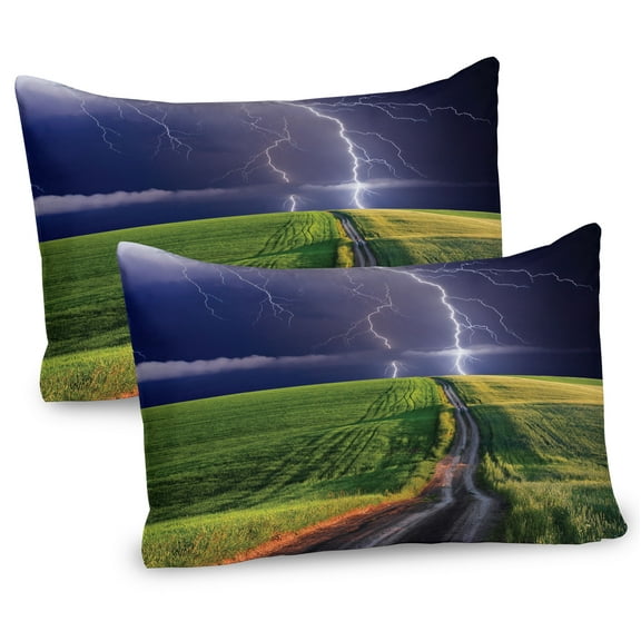 Nature Pillow Sham Set of 2, Summer Storm About to Appear with on the Field Solar Beams Energy Theme, Quality Microfiber Bedding Item for All Seasons, 26" x 20", Green Blue, by Ambesonne