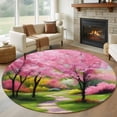thumbnail image 1 of Nature Pink Green Round Area Rug 5Ft Washable Circle Rugs for Living Room Bedroom, Spring Country Oil Painting Flower Tree Non-Slip Carpet Floor Mats Indoor Outdoor Carpet Runner Aesthetic Home Decor, 1 of 8