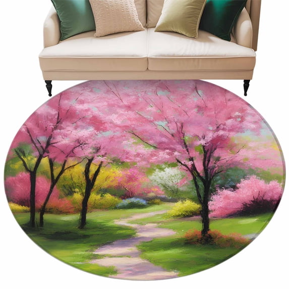 Nature Pink Green Round Area Rugs Collection 6', Spring Country Oil ...