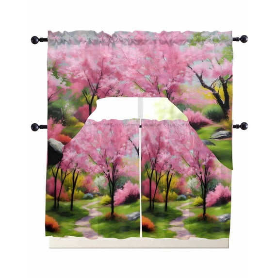 Nature Pink Green Swag Curtains for Living Room/Bedroom Windows, Spring Country Oil Painting Flower Tree Kitchen Curtains and Valances Set 36 Inch Length, Light Filtering Swags Valance Curtain Panels