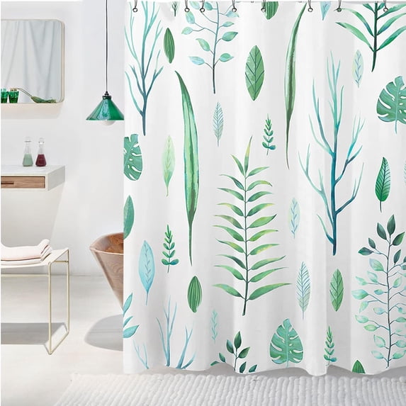 Nature Plant Floral Shower Curtain , Tropical Leaf Shower Curtain with Hooks, Waterproof Shower Curtain for Bathroom, White and Green, 72W X 72L
