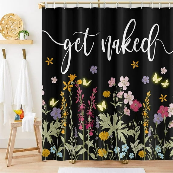 Nature Plants Get Naked Shower Curtain Wild Red Floral Green Leaves Fantasy Butterfly Black Backdrop for Bathroom Shower Curtain Machine Washable Durable Fabric Set with Hooks, 72x72 Inch