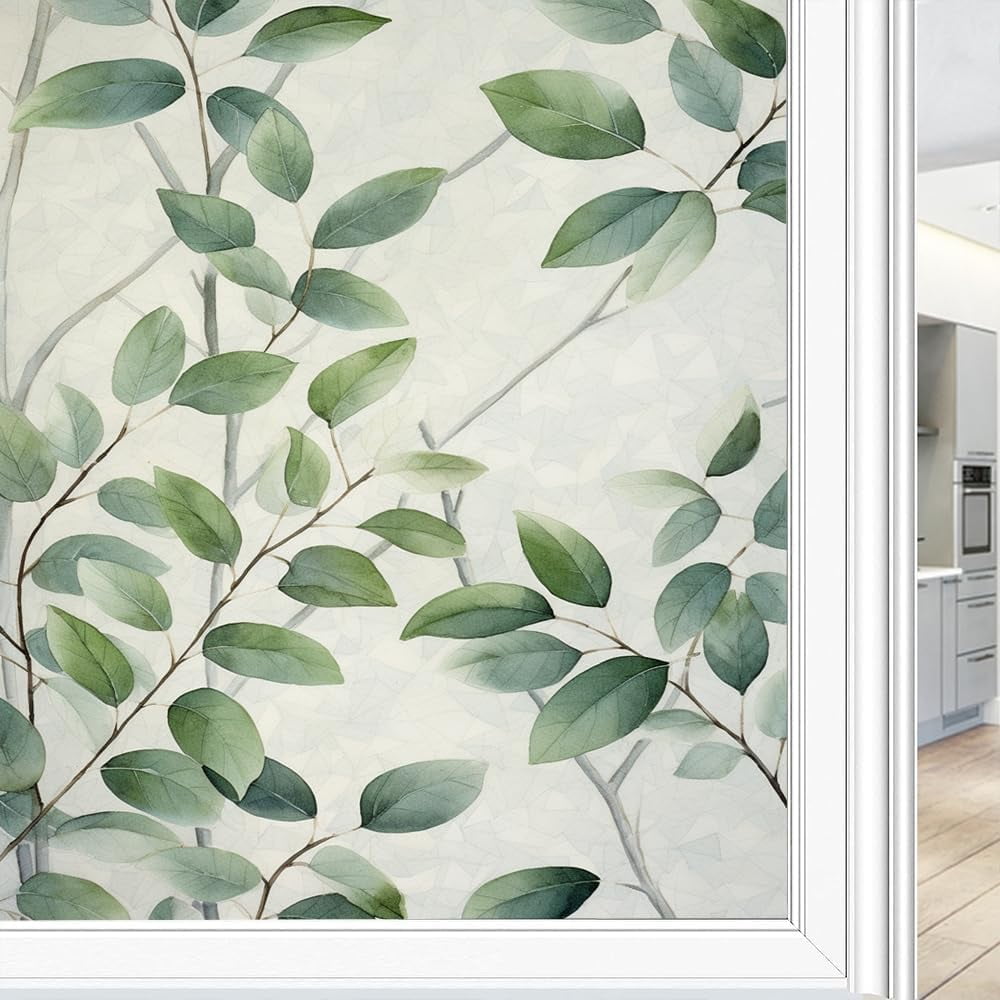 Nature Plants Stained Glass Window Film Wild Green Eucalyptus Leaves Country Style Window