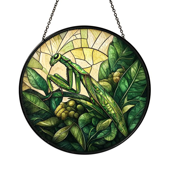 Nature Praying Mantis Stained Glass Panel – Green Leaf Window Hanging, Unique Wildlife-Inspired Home Decor