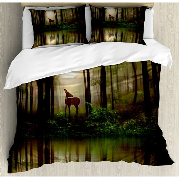 Nature Queen Size Duvet Cover Set, Baby Deer in the Forest with Reflection on Lake Foggy Woodland Graphic, Decorative 3 Piece Bedding Set with 2 Pillow Shams, Fern Green Cocoa Brown, by Ambesonne