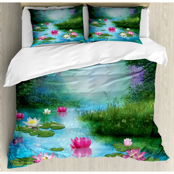 Nature Queen Size Duvet Cover Set, Fantasy Pond with Water Lilies Floating Romantic Lotus Fairy Tale Digital Art, Decorative 3 Piece Bedding Set with 2 Pillow Shams, Aqua Pink Green, by Ambesonne