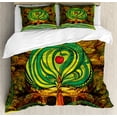 thumbnail image 1 of Nature Queen Size Duvet Cover Set, Religion Themed Apple Tree in Vivid Tones with Rotary Lines Pop Art Stylized Print, Decorative 3 Piece Bedding Set with 2 Pillow Shams, Green Brown, by Ambesonne, 1 of 3