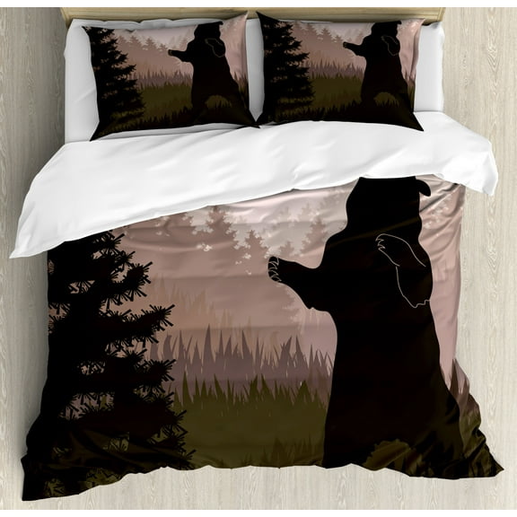 Nature Queen Size Duvet Cover Set, Silhouette of Wild Bear in the Jungle Woodland at Dark Night Illustration, Decorative 3 Piece Bedding Set with 2 Pillow Shams, Army Green Pale Peach, by Ambesonne