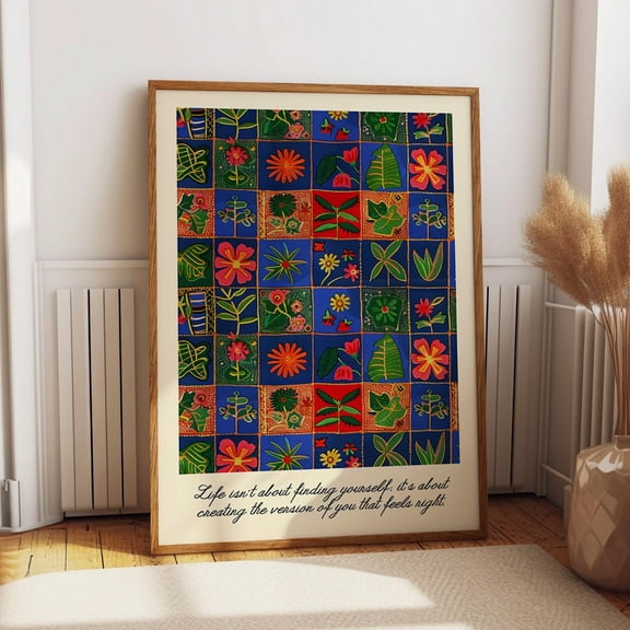 Nature Quilt-Inspired Wall Art - Patchwork Folk Botanical Print - Retro Bohemian Inspirational Quote Art Decor Wall Art, Modern Wall Decor, 8x12 UNFRAMED