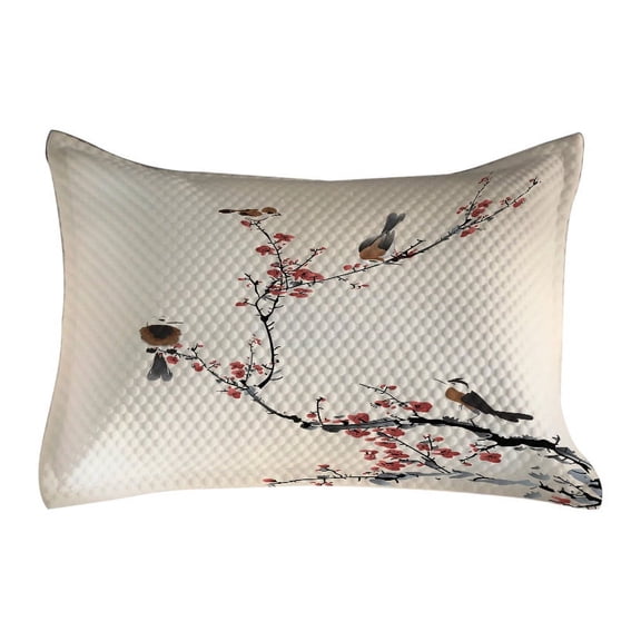 Nature Quilted Pillowcover, Birds on Cherry Summer Classic Oriental Illustration Pastel Colored Design, Standard King Size Accent Pillow Cover for Bedroom, 36" x 20", Pale Caramel Ruby, by Ambesonne