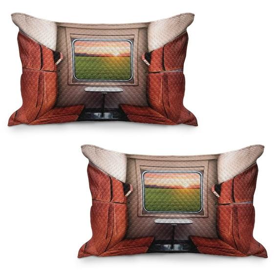 Nature Quilted Pillowcover Set of 2, Fresh Nature Setting from Train Compartment Window Railroad Destination Travel, Standard Queen Size Pillow Cover Bedroom, 30" x 20", Red Green Cream, by Ambesonne