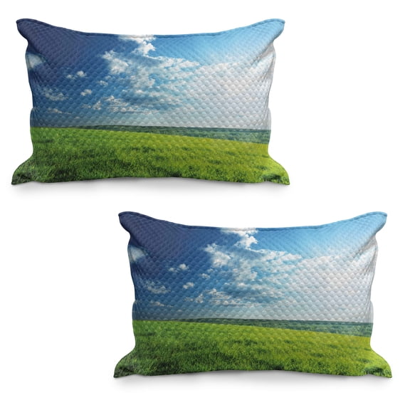 Nature Quilted Pillowcover Set of 2, Refreshing Meadow Valley Under Cloud Sun Sky Spring Grass Country Image, Standard Queen Size Pillow Cover Bedroom, 36" x 20", Lime Green Pale Blue, by Ambesonne