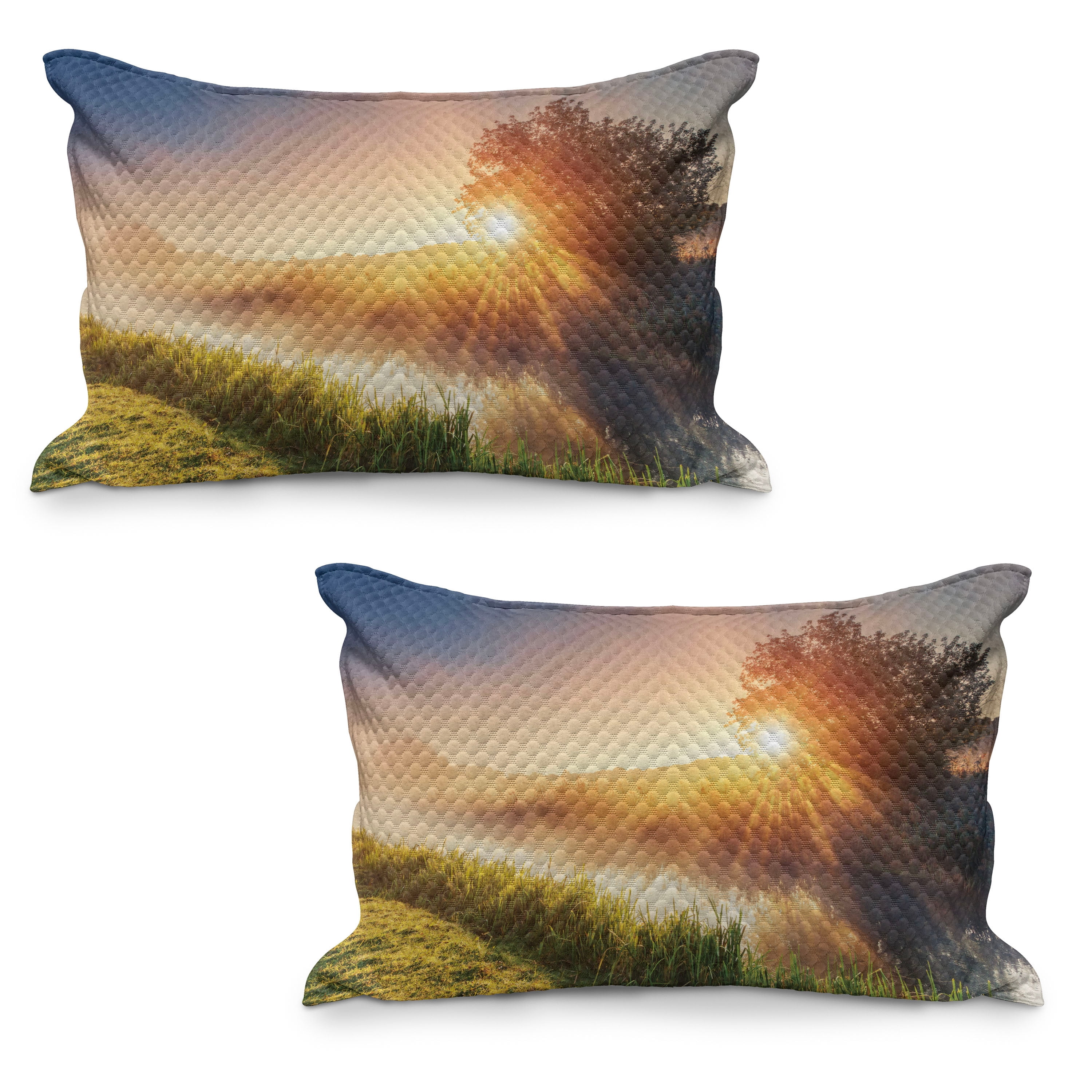 Dramatic Pillows Nature Quilted Pillowcover Set of 2, River with the Grass in Sun Rays ...