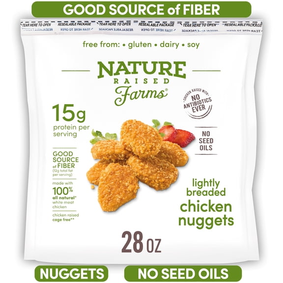 Nature Raised Farms Gluten Free Lightly Breaded Frozen Chicken Nuggets, 28 oz, 15g Protein per Serving (Fully Cooked)