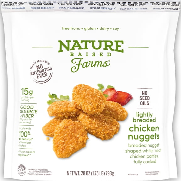 Nature Raised Farms Gluten Free Lightly Breaded Frozen Chicken Nuggets, 28 oz, 15g Protein per Serving (Fully Cooked)