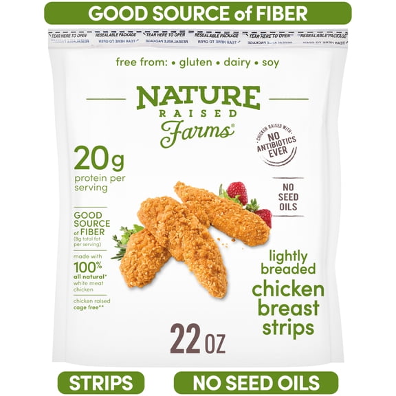 Nature Raised Farms No Seed Oils Lightly Breaded Frozen Chicken Breast Strips, 22 oz, 20g Protein per Serving (Fully Cooked)