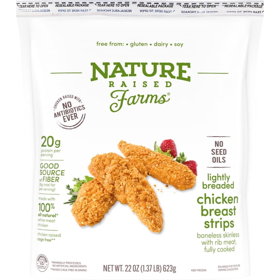 Nature Raised Farms Lightly Breaded Chicken Breast Strips, 22 oz (Frozen, Fully Cooked)