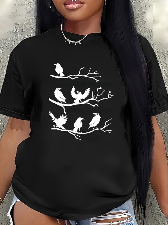 Nature Raven Crow Silhouette TShirt, Black Tee With White Crows On Tree Branch Wildlife Casual Short Sleeve Graphic Tee