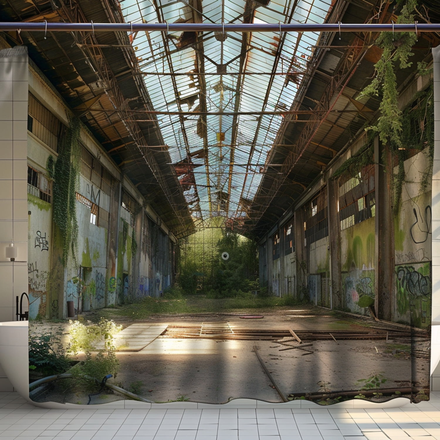 Nature Reclaimed Abandoned Warehouse Shower Curtain Urban Decay Art Style Steel Beams Glass Roof High Ceilings Walmart