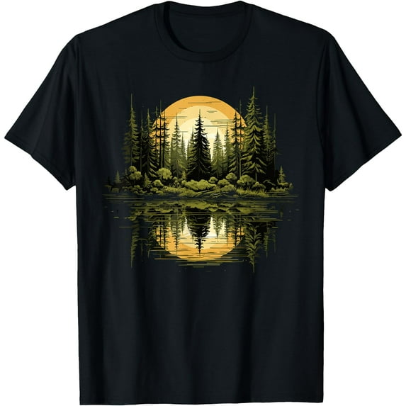 Nature Reflection Forest Trees Outdoor Wildlife Unisex T-Shirt for Men Women Kids Toddler,Black Color,Size 2XL