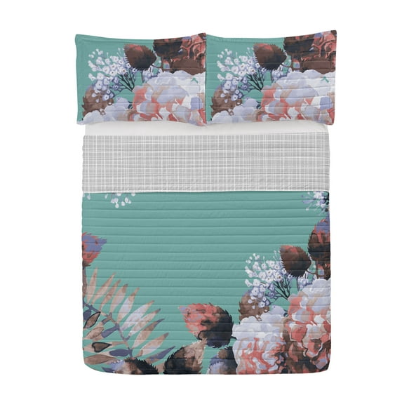 Nature Reversible Bedspread Set, Hydrangea Flowers Foliage Leaves Fern Tropical Plants Watercolor Art, Pillow Shams & Comforter Microfiber Bedding Set, 3 Sizes, Seafoam Coral Lavender, by Ambesonne
