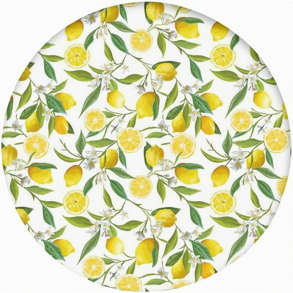 Nature Round Fitted Tablecloth,Exotic Lemon Tree Branches Kitchen Garden Design Elastic Edged Kitchen Dining Polyester Table Cover, Fits Round Table 24" Diameter, for Wedding Party Dining Banquet
