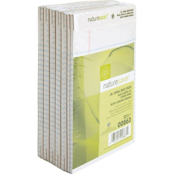 Nature Saver 100% Recycled White Jr. Rule Legal Pads - Jr.Legal - 50 Sheets - 0.28" Ruled - 15 lb Basis Weight - 5" x 8" - White Paper - Perforated, B | Bundle of 2 Dozen