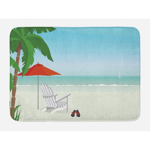 Nature Scene Bath Mat, Cartoonish Graphic Beach with Palm Deck Chair Umbrella and Ocean, Plush Bathroom Decor Mat with Non-Slip Backing, 29.5" X 17.5", Pale Blue and Multi-color, by Ambesonne