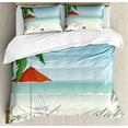 thumbnail image 1 of Nature Scene Duvet Cover Set, Cartoonish Graphic Beach with Palm Deck Chair Umbrella and Ocean, Decorative 3 Piece Bedding Set with 2 Pillow Shams, King Size, Pale Blue and Multicolor, by Ambesonne, 1 of 3