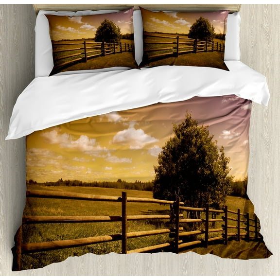 Nature Scene Duvet Cover Set, Grassland Landscape with Rural Meadow Fence and Colorful Sky, Decorative 3 Piece Bedding Set with 2 Pillow Shams, Queen Size, Mauve Taupe Amber, by Ambesonne