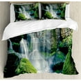 thumbnail image 1 of Nature Scene Duvet Cover Set, Natural Waterfall Flows on Rocks with Moss Woodland in Minnesota, Decorative 3 Piece Bedding Set with 2 Pillow Shams, King Size, Lime Green and Blue Grey, by Ambesonne, 1 of 3