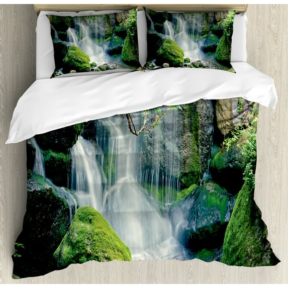 Nature Scene Duvet Cover Set, Natural Waterfall Flows on Rocks with Moss Woodland in Minnesota, Decorative 3 Piece Bedding Set with 2 Pillow Shams, King Size, Lime Green and Blue Grey, by Ambesonne