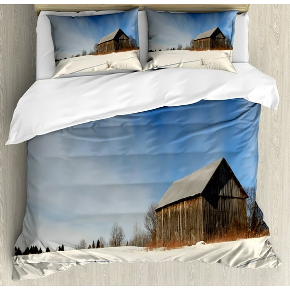 Nature Scene Duvet Cover Set, Rural Themed Photo of Abandoned Barn at Snowy Winder Field, Decorative 3 Piece Bedding Set with 2 Pillow Shams, Queen Size, Sea Blue Eggshell, by Ambesonne