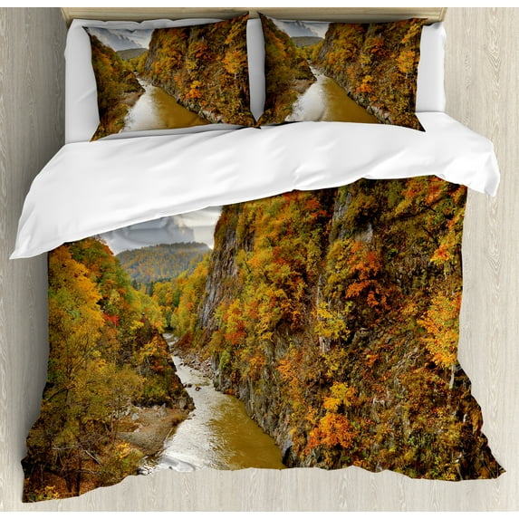 Nature Scene Duvet Cover Set, Toyohira River Flowing Between Forest Mountains in Autumn Colors, Decorative 3 Piece Bedding Set with 2 Pillow Shams, King Size, Fawn Orange Olive Green, by Ambesonne