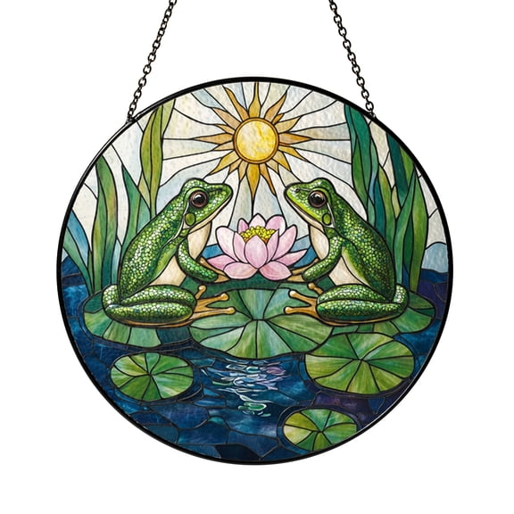 Nature Scene Frog Glass Style Window Decor, Decorative Hanging Light Catcher Art with Pond and Flower Design