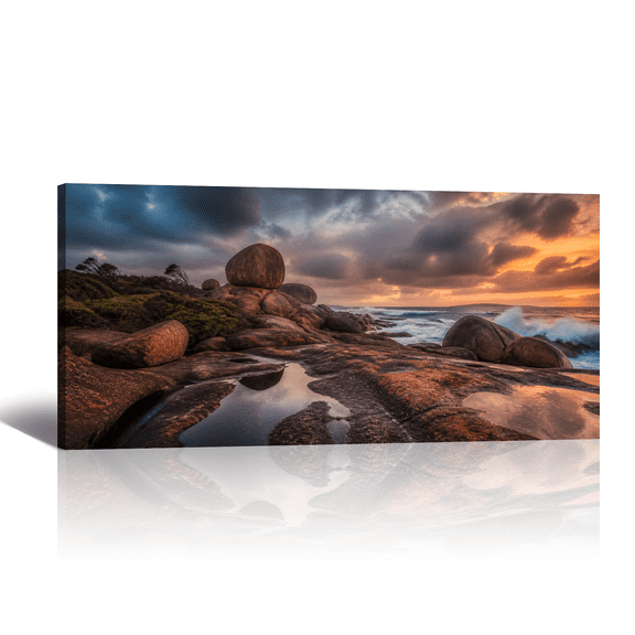 Nature Scene Landscape Canvas Wall Art Sunset Rocky Coast Picture Print, Serene Scenery Artwork Modern Paintings for Living Room Bedroom Home Office Decor