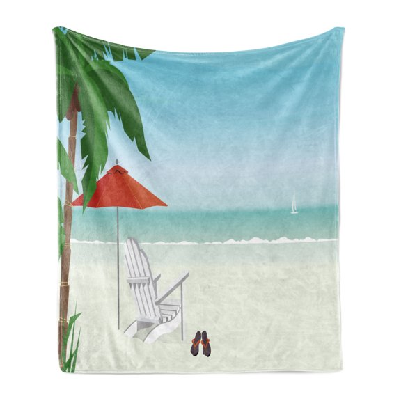Nature Scene Soft Flannel Fleece Blanket, Cartoonish Graphic Beach with Palm Deck Chair Umbrella and Ocean, Cozy Plush for Indoor and Outdoor Use, 50" x 60", Pale Blue and Multicolor, by Ambesonne