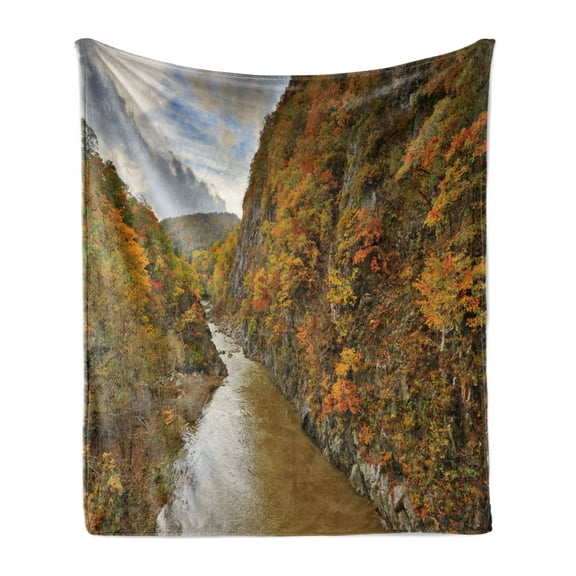 Nature Scene Soft Flannel Fleece Blanket, Toyohira River Flowing Between Forest Mountains in Autumn Colors, Cozy Plush for Indoor and Outdoor Use, 70" x 90", Fawn Orange Olive Green, by Ambesonne