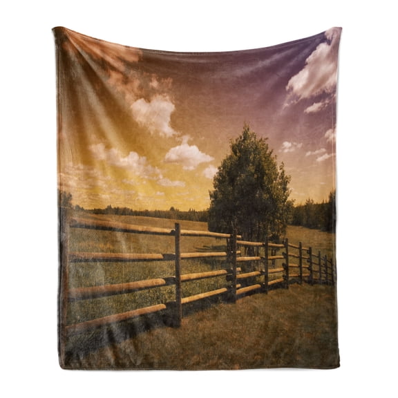Nature Scene Soft Flannel Fleece Throw Blanket, Grassland Landscape with Rural Meadow Fence and Colorful Sky, Cozy Plush for Indoor and Outdoor Use, 60" x 80", Mauve Taupe Amber, by Ambesonne