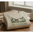 thumbnail image 1 of Nature Scene Sweatshirt, Embroidered Flying Ducks Over Lake and Pines, Outdoor Wildlife Crewneck, Hunter Gift, Cozy Sweater, 1 of 4