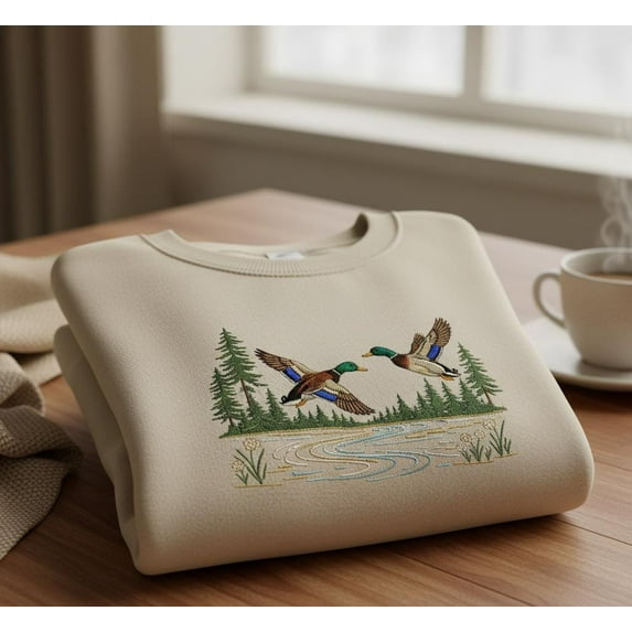 Nature Scene Sweatshirt, Embroidered Flying Ducks Over Lake and Pines, Outdoor Wildlife Crewneck, Hunter Gift, Cozy Sweater